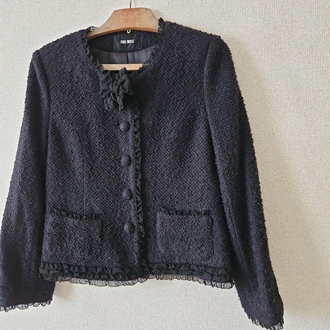PINK HOUSE　ツイードノーカラージャケット　黒　L