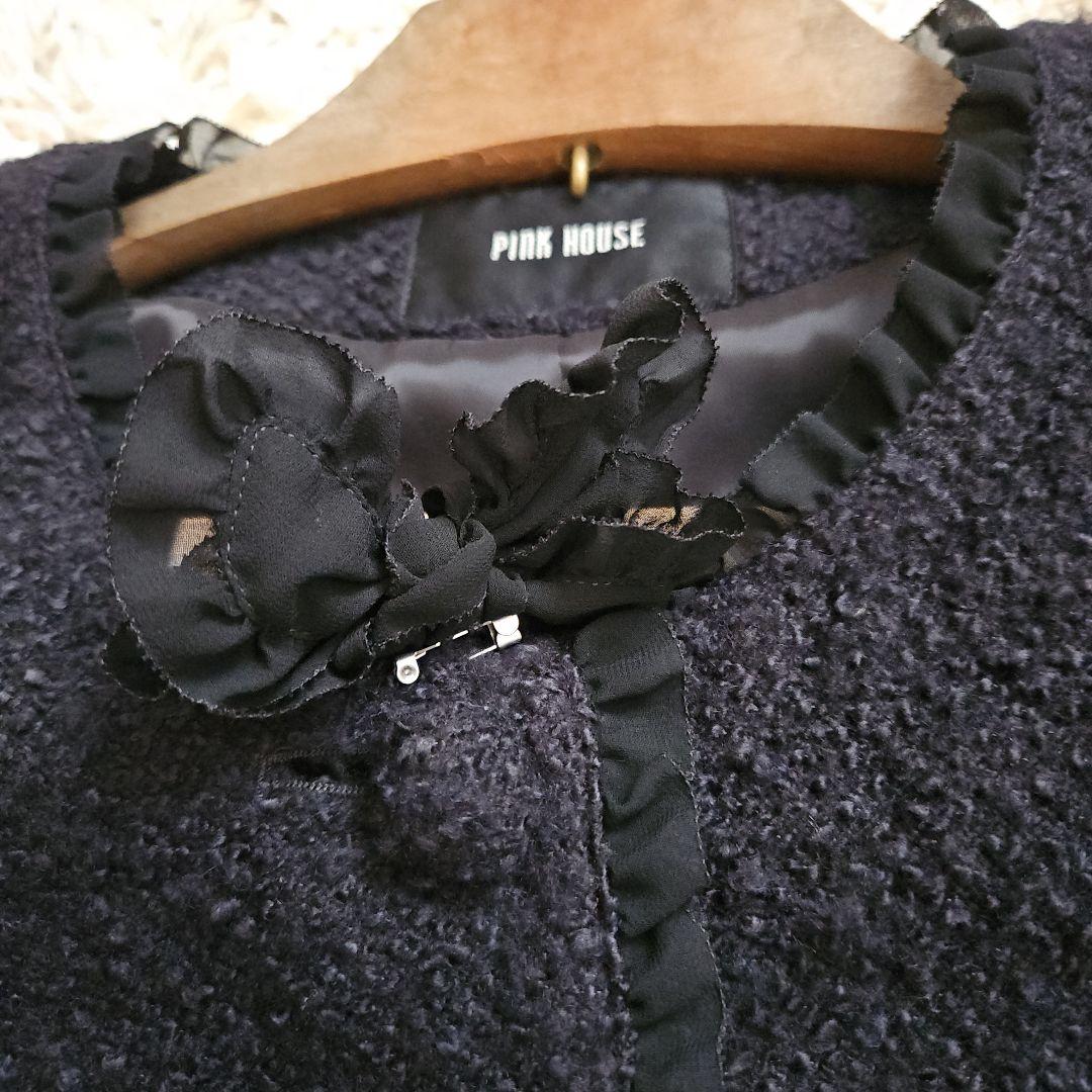 PINK HOUSE　ツイードノーカラージャケット　黒　L