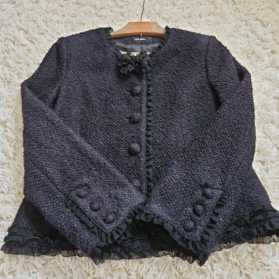 PINK HOUSE　ツイードノーカラージャケット　黒　L