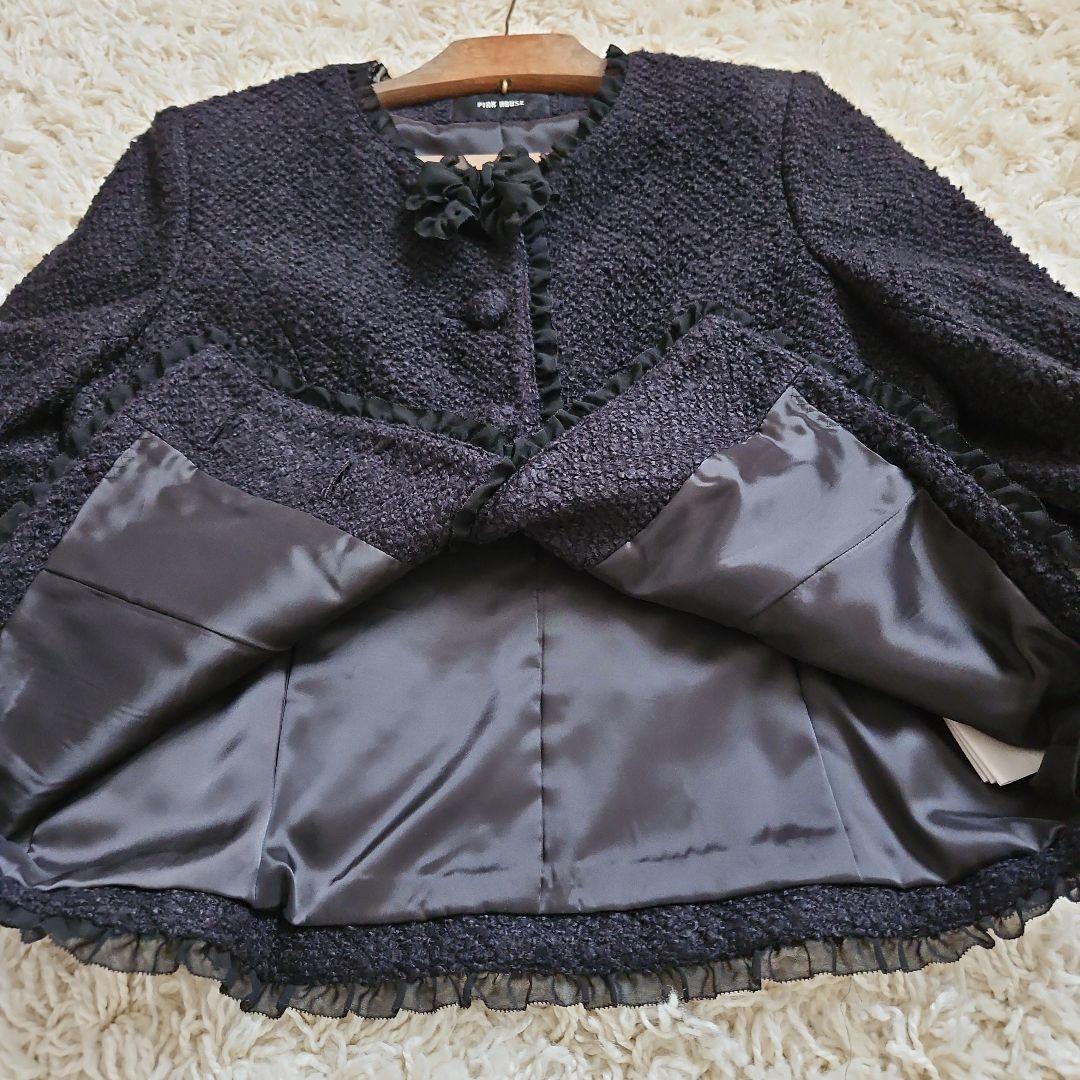 PINK HOUSE　ツイードノーカラージャケット　黒　L