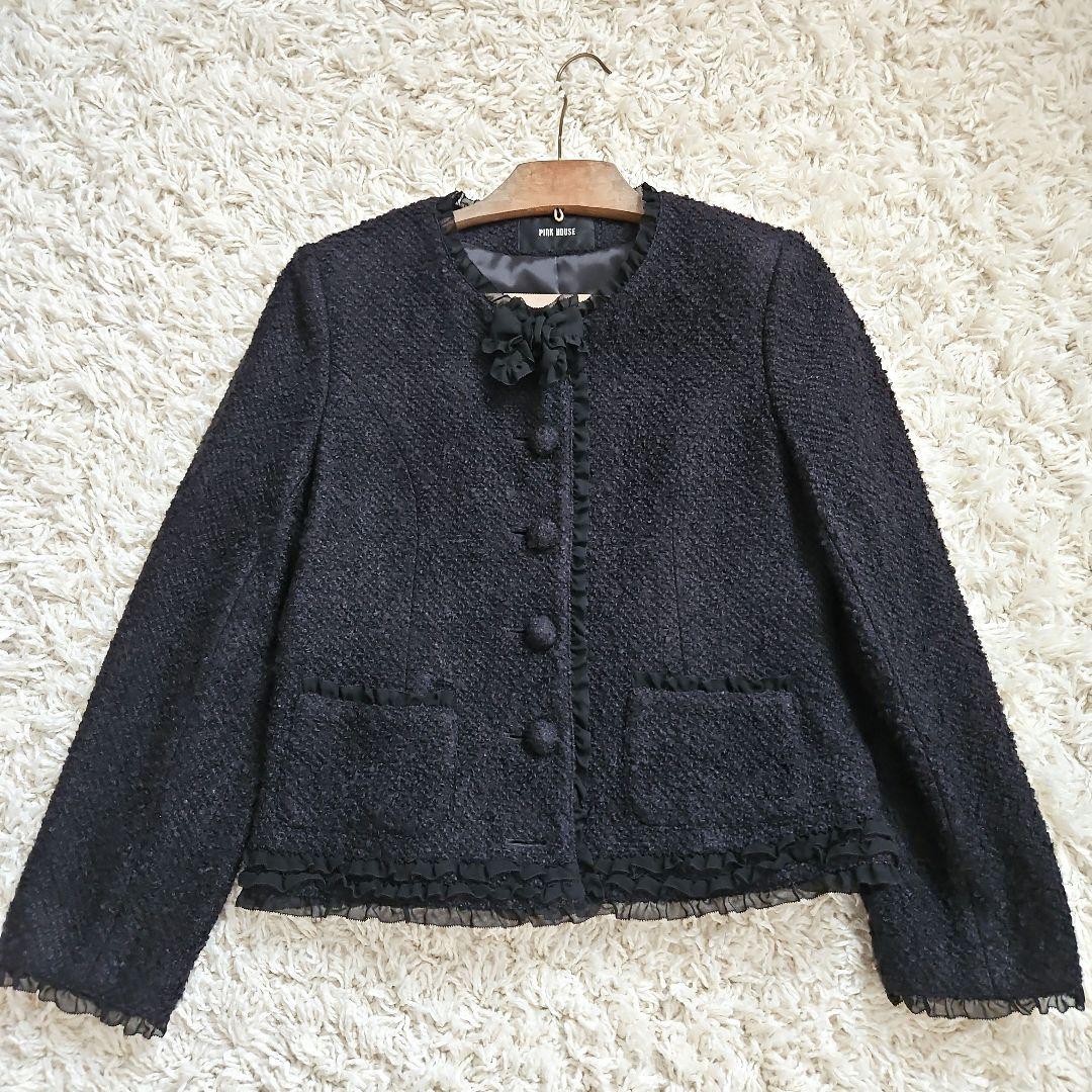 PINK HOUSE　ツイードノーカラージャケット　黒　L