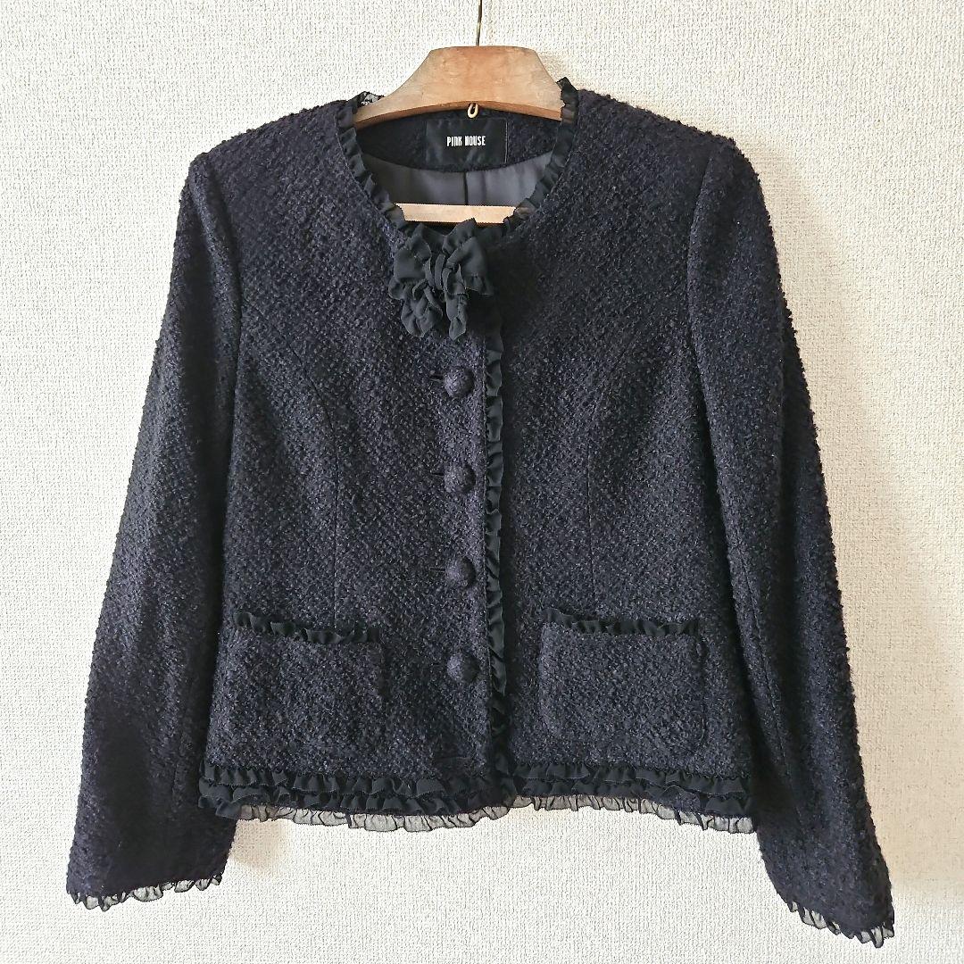 PINK HOUSE　ツイードノーカラージャケット　黒　L