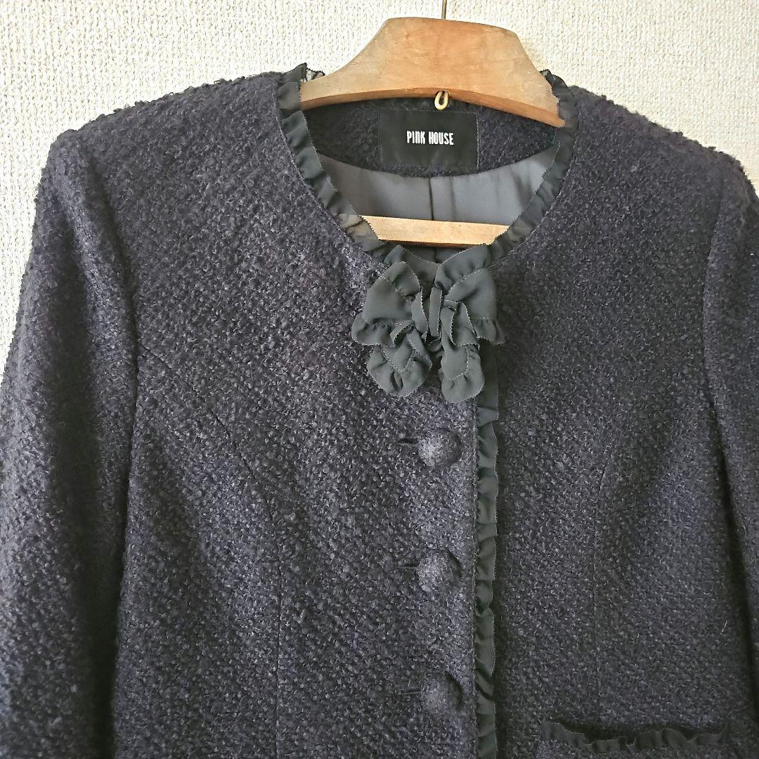PINK HOUSE　ツイードノーカラージャケット　黒　L
