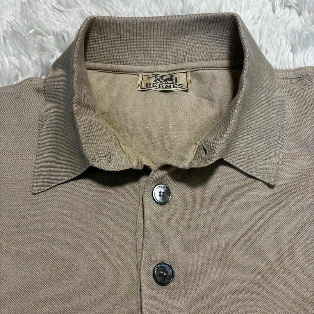 美品/XL HERMES 半袖ポロシャツ 刺繍ロゴ　ヴィンテージ　ライトブラウン