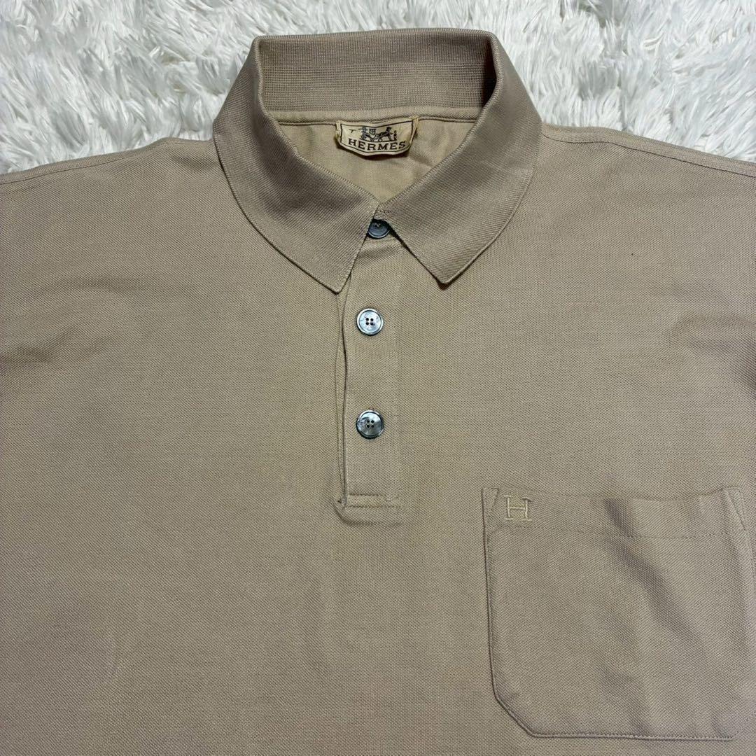 美品/XL HERMES 半袖ポロシャツ 刺繍ロゴ　ヴィンテージ　ライトブラウン