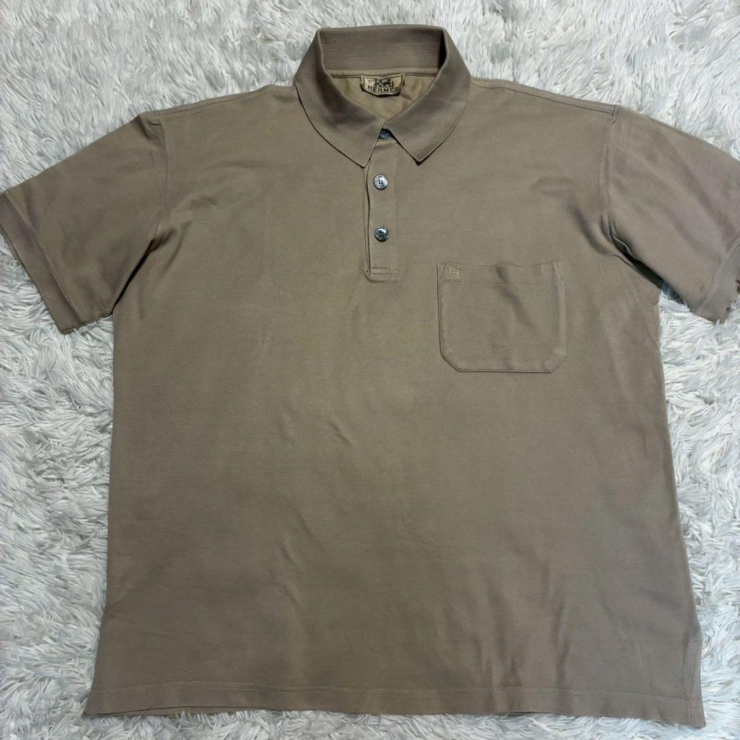 美品/XL HERMES 半袖ポロシャツ 刺繍ロゴ　ヴィンテージ　ライトブラウン