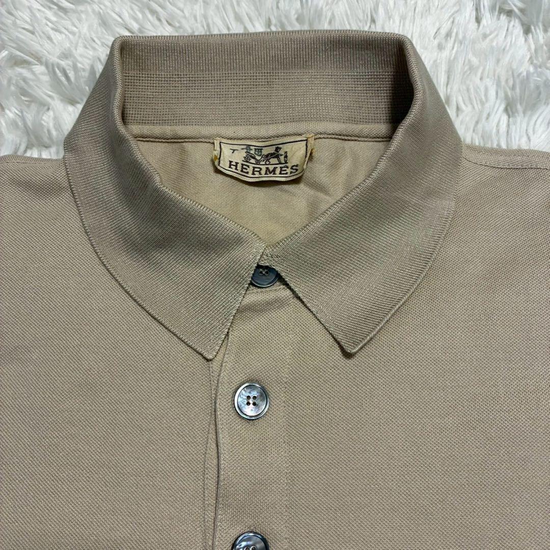 美品/XL HERMES 半袖ポロシャツ 刺繍ロゴ　ヴィンテージ　ライトブラウン