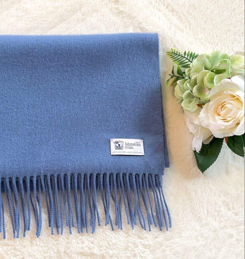 未使用級ジョンストンズ カシミヤ100％ マフラー ストール　ライトブルー