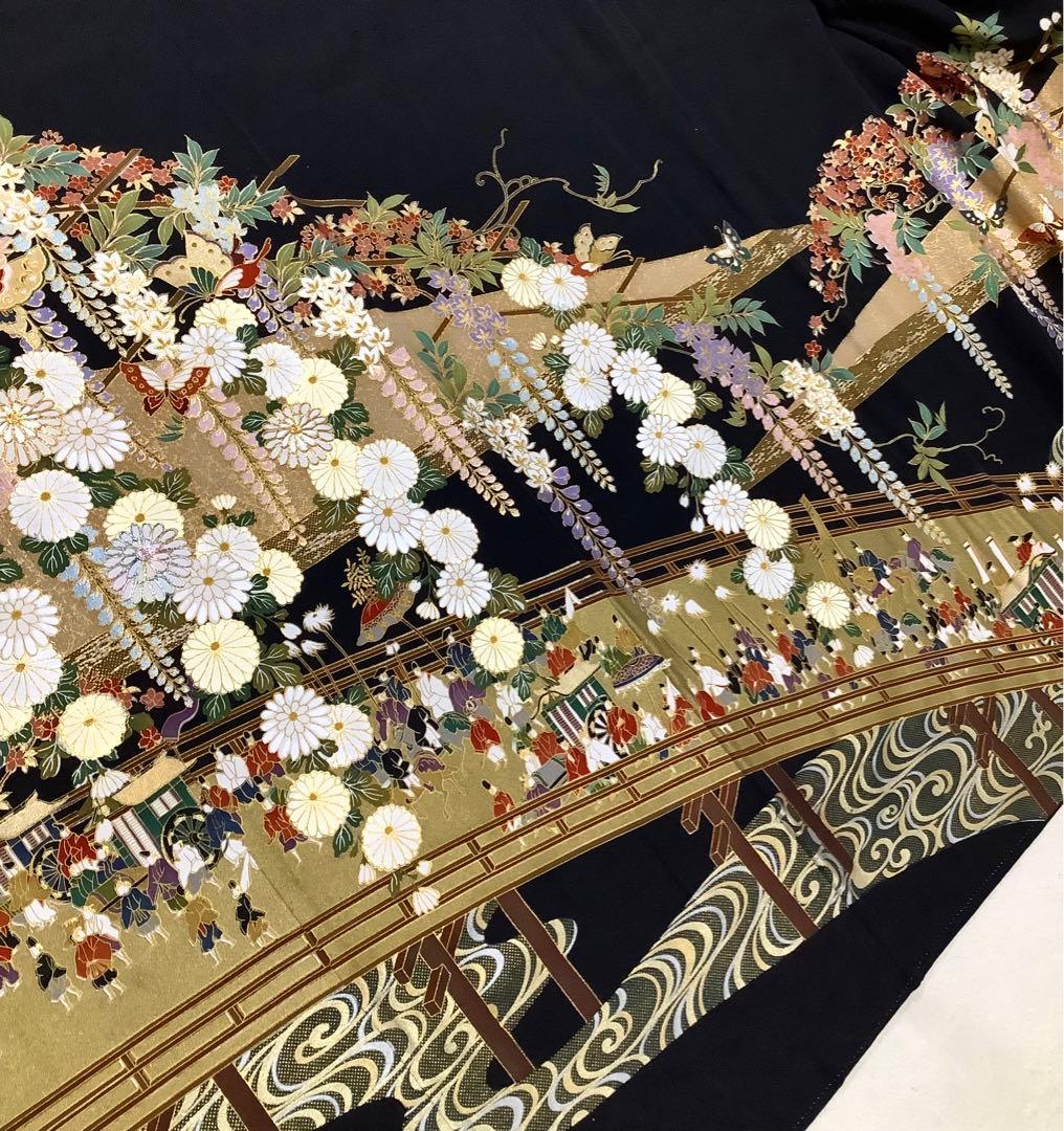 正絹黒留袖　駒刺繍　風景花蝶文　金彩　⑧(訪問着、紬、袋帯なども出品)
