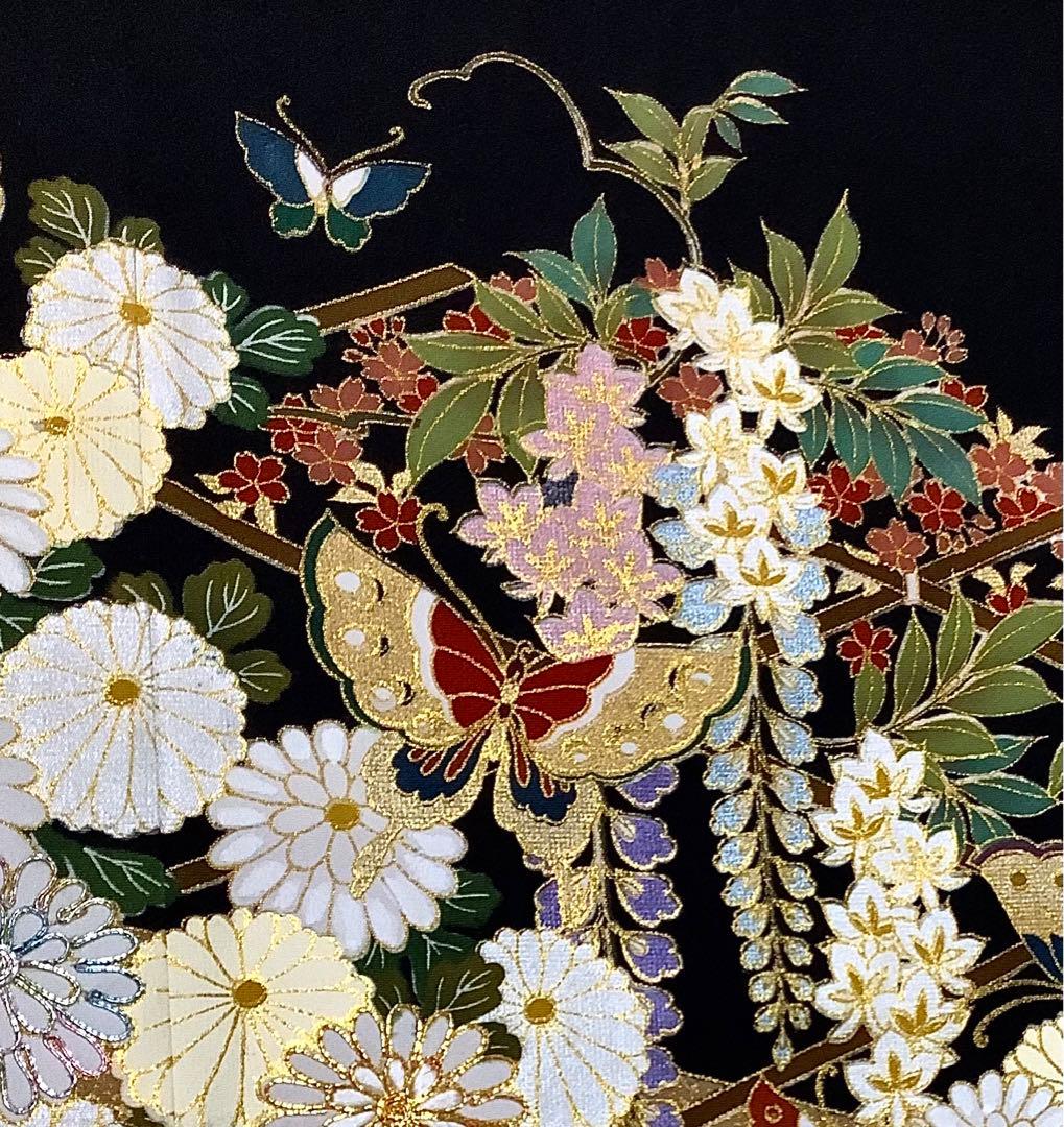 正絹黒留袖　駒刺繍　風景花蝶文　金彩　⑧(訪問着、紬、袋帯なども出品)