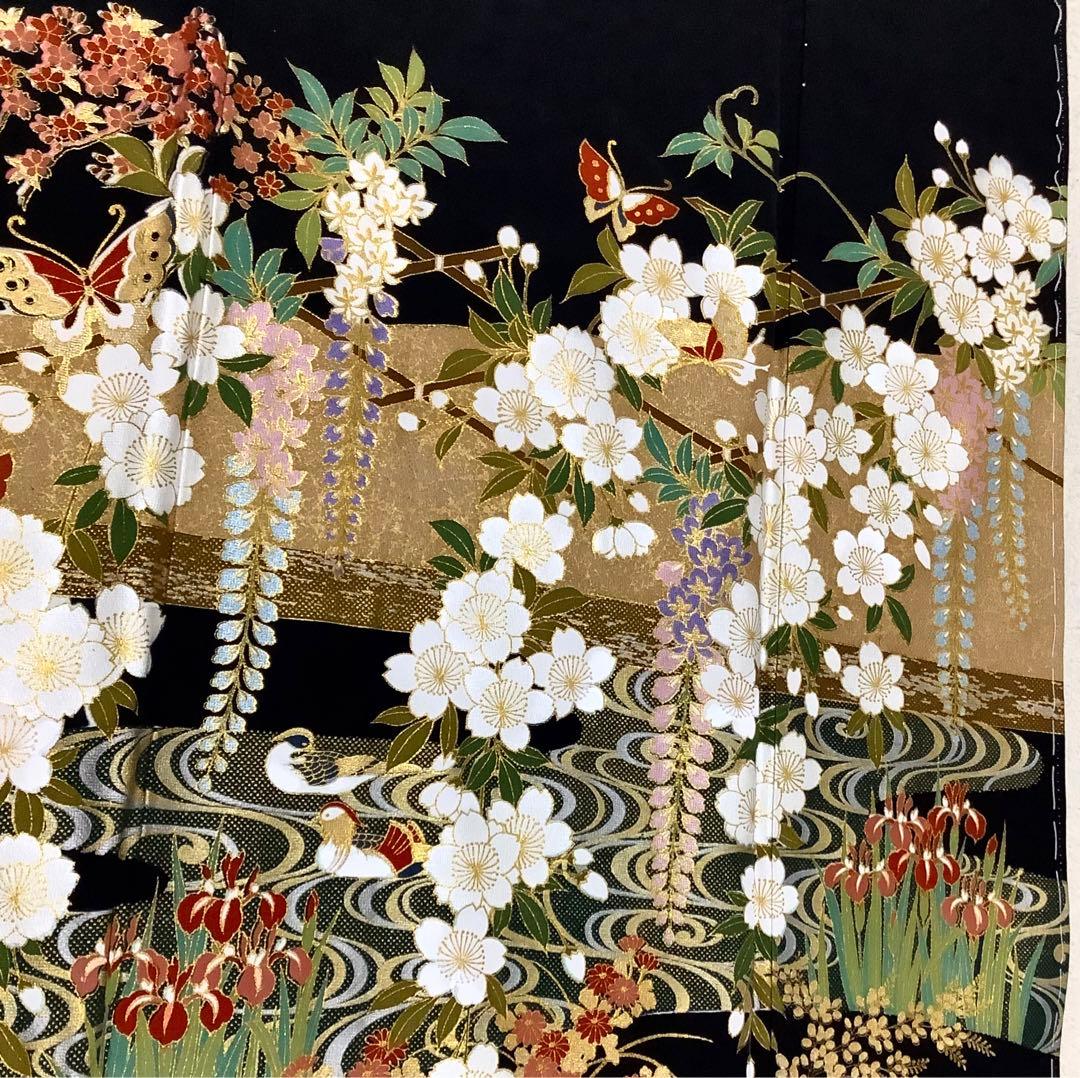 正絹黒留袖　駒刺繍　風景花蝶文　金彩　⑧(訪問着、紬、袋帯なども出品)