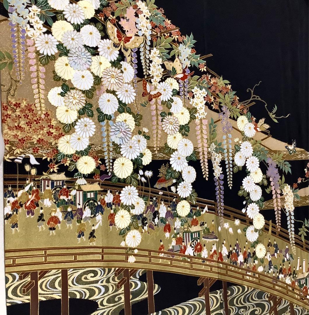 正絹黒留袖　駒刺繍　風景花蝶文　金彩　⑧(訪問着、紬、袋帯なども出品)
