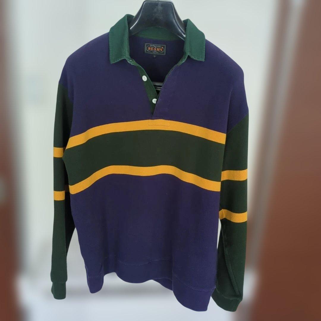 BEAMS ラガーシャツ 紫 緑 イエローボーダー やや厚手生地