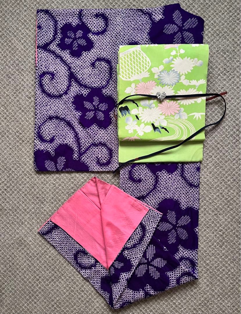 【雪月花 】着物◎アンティーク 袷 総絞り 古代紫 唐草模様 花