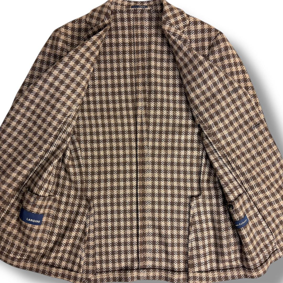 J6437 美品 ラルディーニ カシミヤ混チェック柄テーラードジャケット 茶48