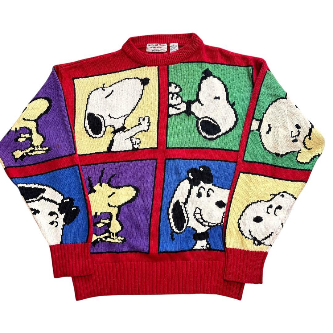 80s 90s 古着　ピーナッツ　スヌーピー　コットンニット　スプルース　総柄