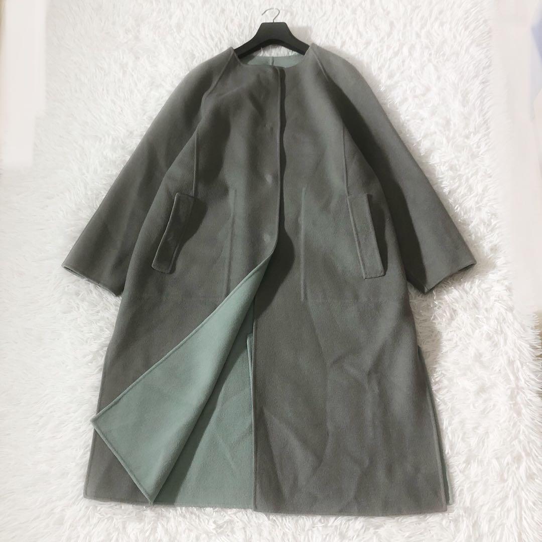 美品 ADORE ２ＴＯＮＥリバーコート ストール付き カシミヤ混 リバーシブル