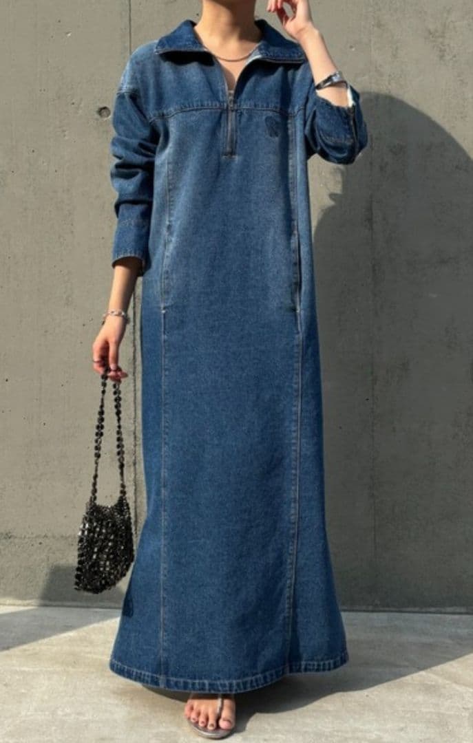 Q.anos/ハーフジップデニムワンピース（ブルー）