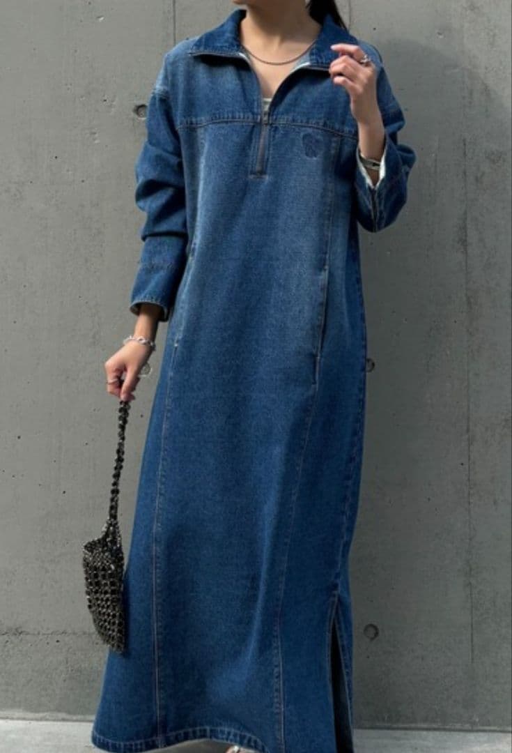 Q.anos/ハーフジップデニムワンピース（ブルー）