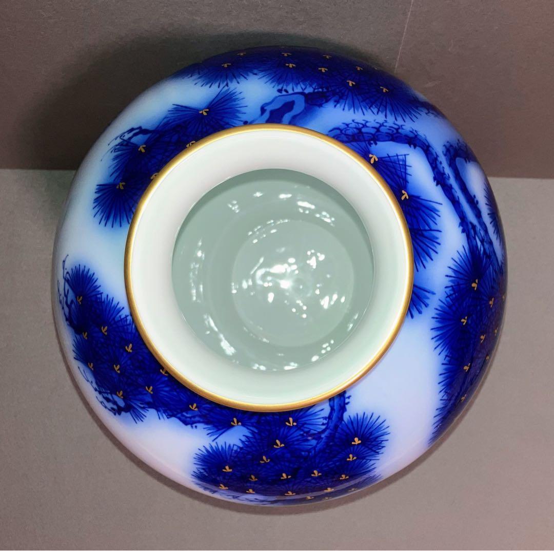 香蘭社 染錦模様 老松紋 花瓶 瑠璃色 金彩