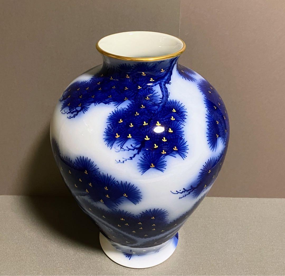 香蘭社 染錦模様 老松紋 花瓶 瑠璃色 金彩