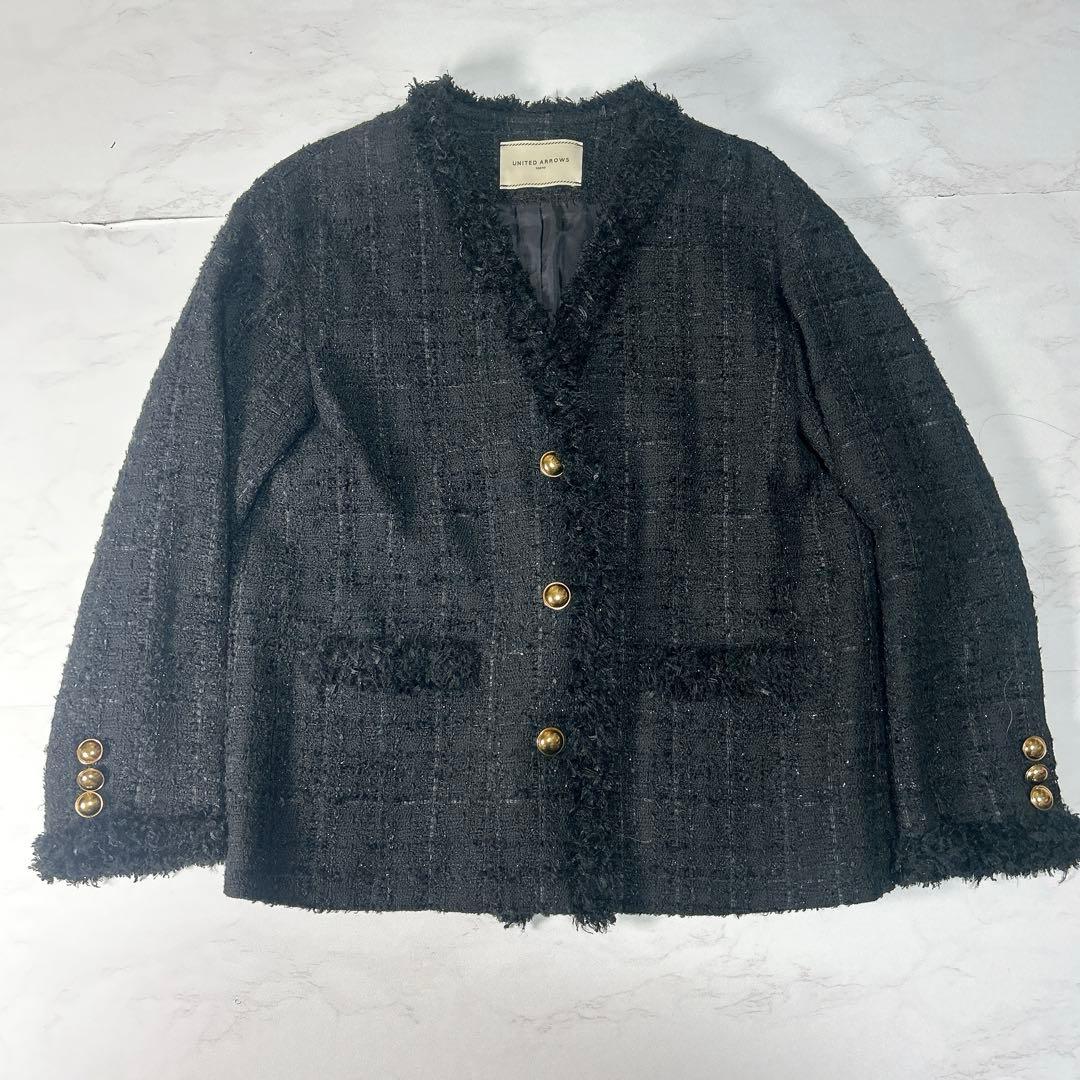 UNITED ARROWS＞ファンシーツイード Ｖネック ノーカラージャケット