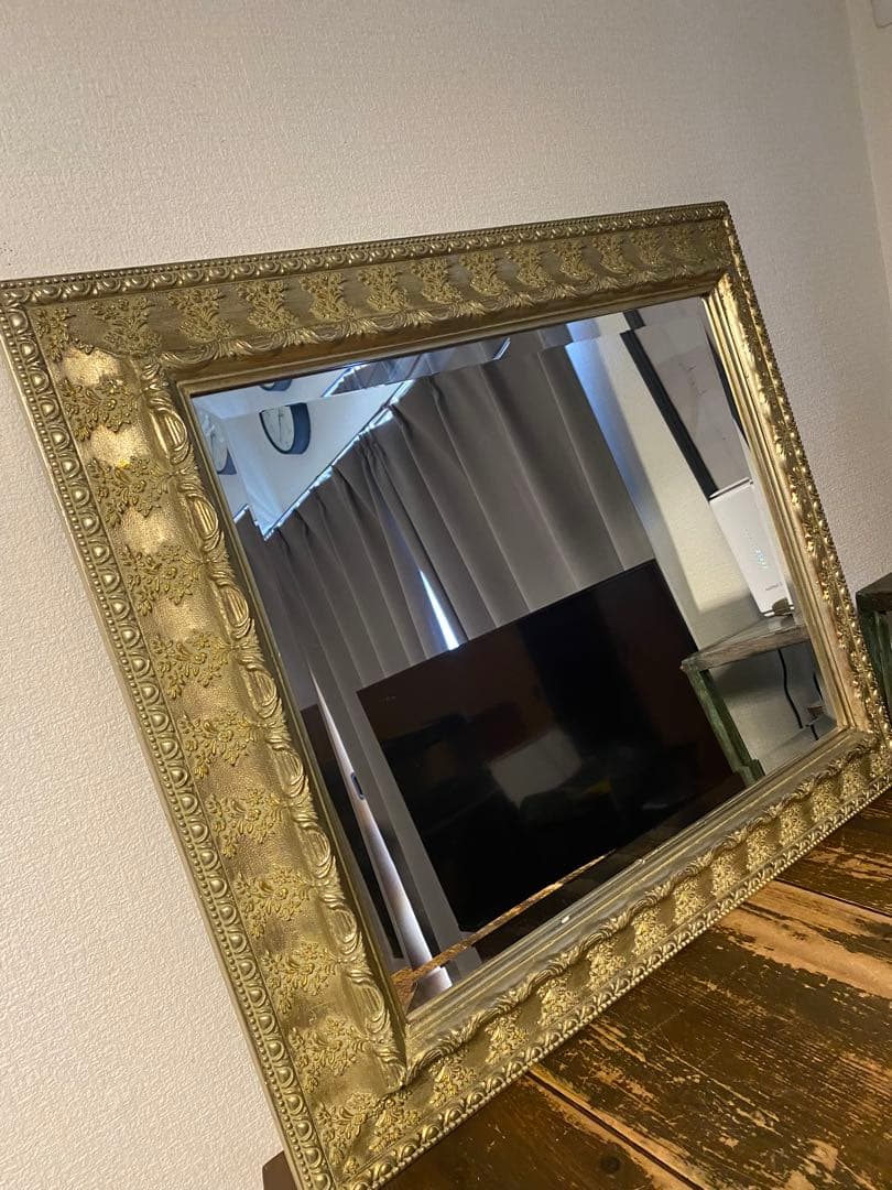 アンティーク　ミラー　鏡　壁掛け　レトロ　姿見　ヴィンテージ　ゴールド