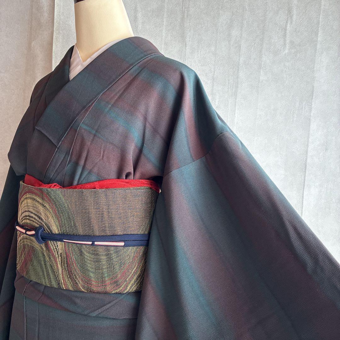 小紋　フルセット　着物　トールサイズ　正絹　大人着物　深色格子　粋　J1