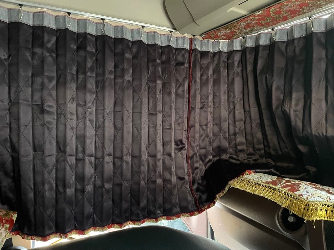 金華山　仮眠カーテン　裏生地プリーツ仕様　花かご　ワイン　日野純正カーテン駒付き