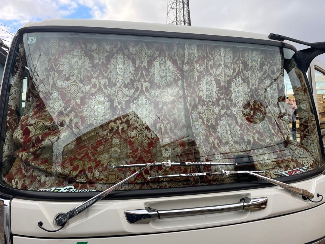 金華山　仮眠カーテン　裏生地プリーツ仕様　花かご　ワイン　日野純正カーテン駒付き