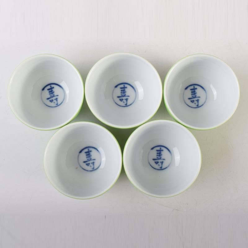 煎茶道具　賣茶流　黄緑釉　祝壽茶碗　五客　共布共箱　V　7978