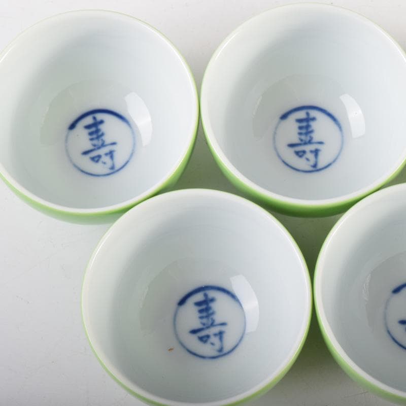 煎茶道具　賣茶流　黄緑釉　祝壽茶碗　五客　共布共箱　V　7978