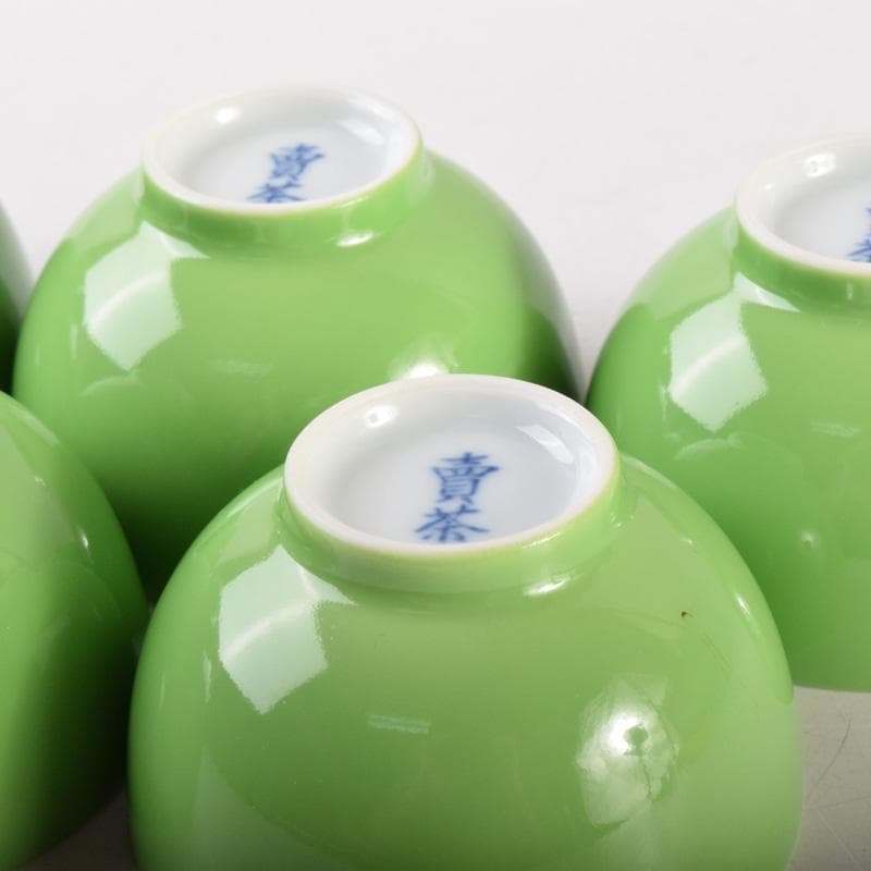 煎茶道具　賣茶流　黄緑釉　祝壽茶碗　五客　共布共箱　V　7978
