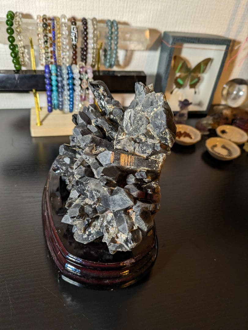 超高品質✨ 大迫力！ モリオン クラスター 木製台座付き 黒水晶