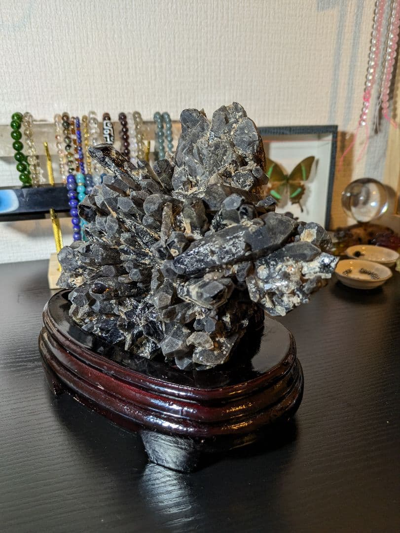 超高品質✨ 大迫力！ モリオン クラスター 木製台座付き 黒水晶