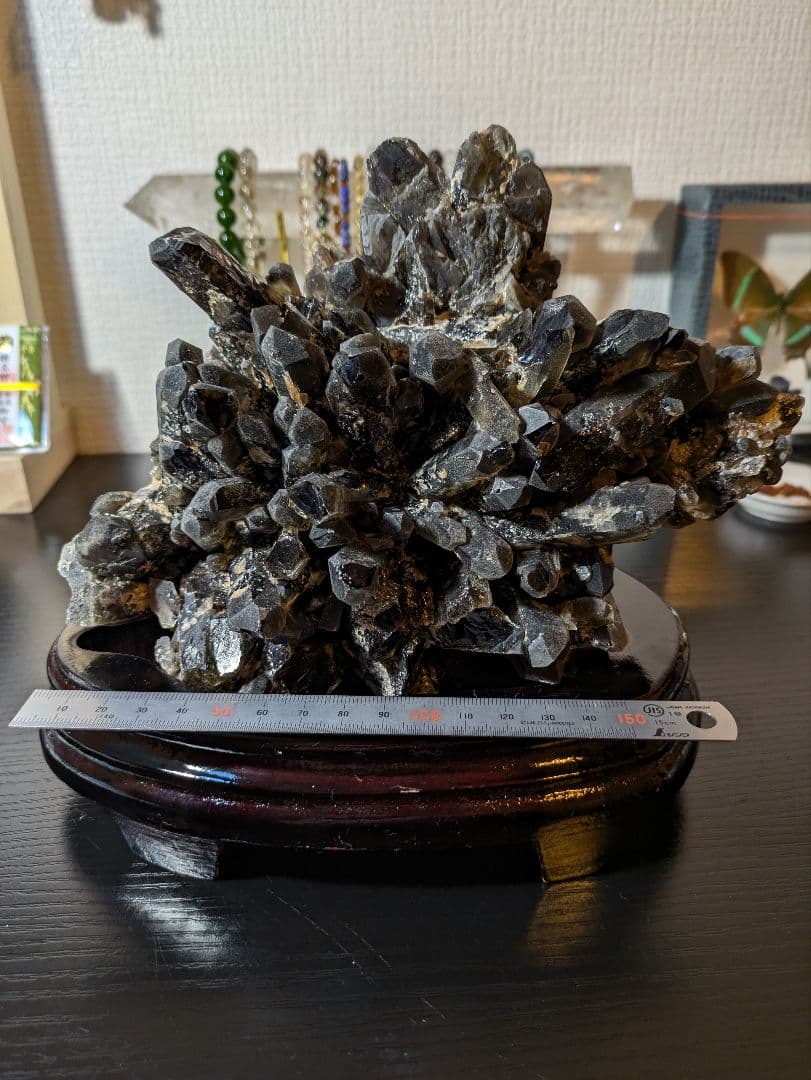 超高品質✨ 大迫力！ モリオン クラスター 木製台座付き 黒水晶