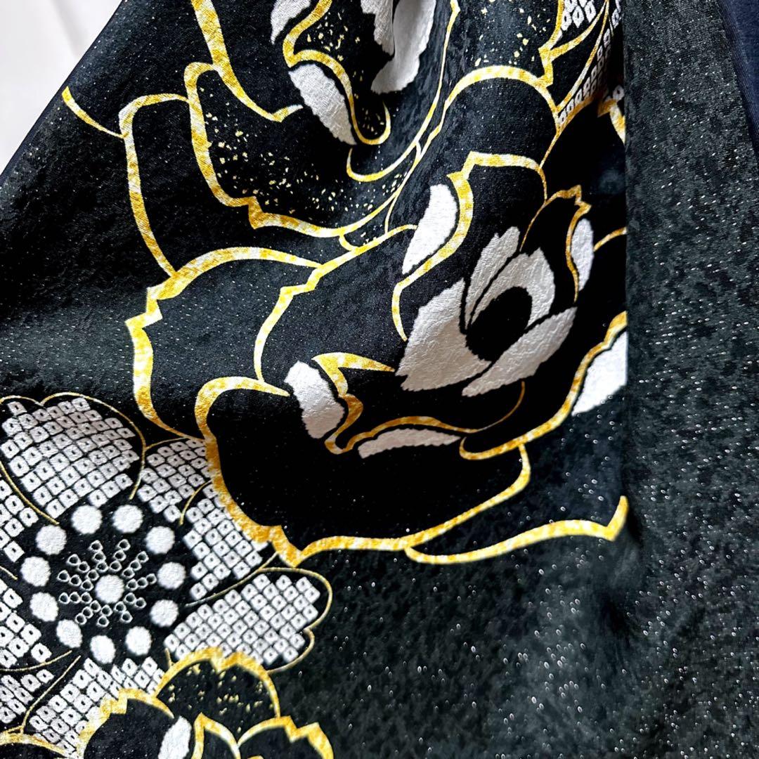 振袖　着物リメイク　ドレス　黒×ラメに薔薇や桜　和柄　ワンピース　ハンドメイド