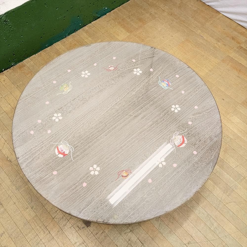 箱長　総桐　木目込み細工　鈴　桜　ガラス付き　折り畳み　座卓　円卓　座敷机　食卓