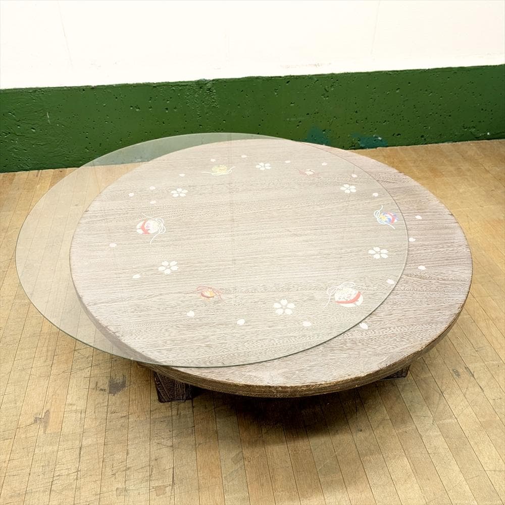 箱長　総桐　木目込み細工　鈴　桜　ガラス付き　折り畳み　座卓　円卓　座敷机　食卓