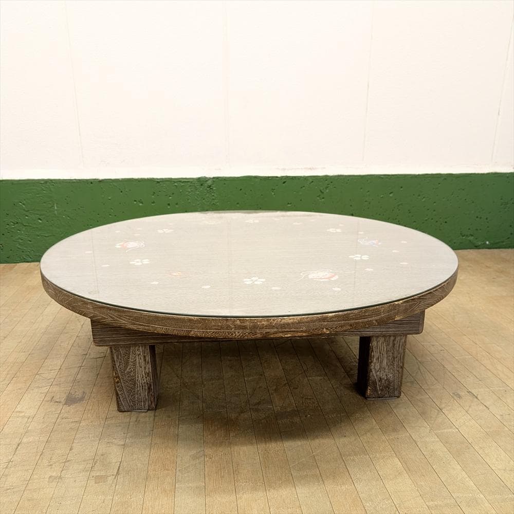 箱長　総桐　木目込み細工　鈴　桜　ガラス付き　折り畳み　座卓　円卓　座敷机　食卓