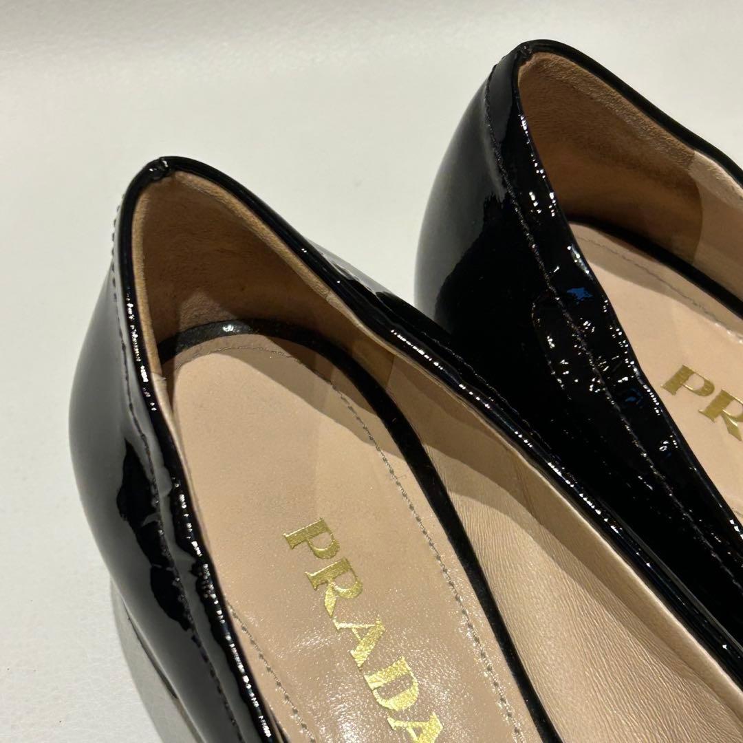PRADA リボン ロゴ パンプス エナメル ブラック 37 1/2