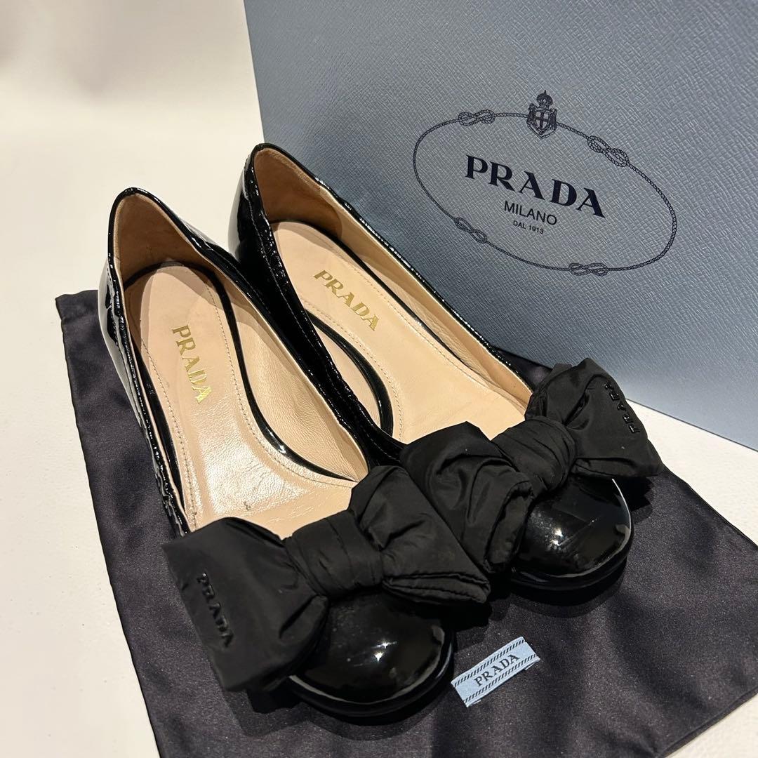 PRADA リボン ロゴ パンプス エナメル ブラック 37 1/2
