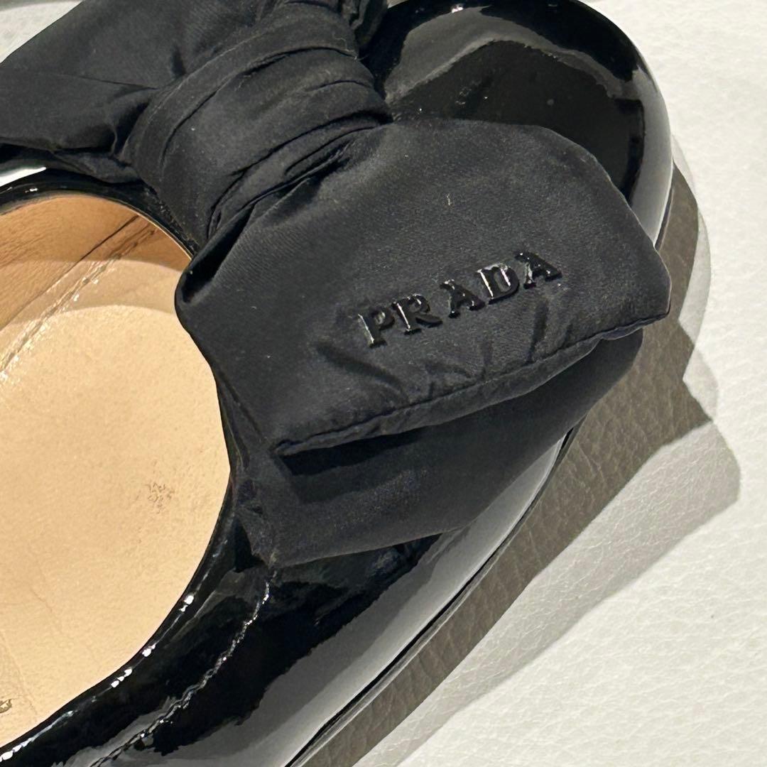 PRADA リボン ロゴ パンプス エナメル ブラック 37 1/2