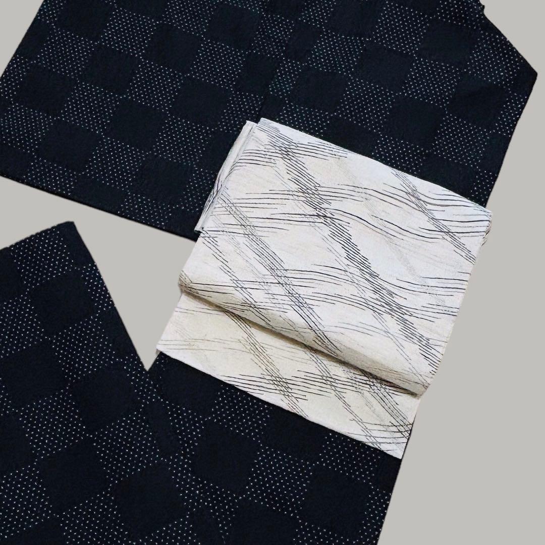 美品　名古屋帯　麻　斜め格子模様