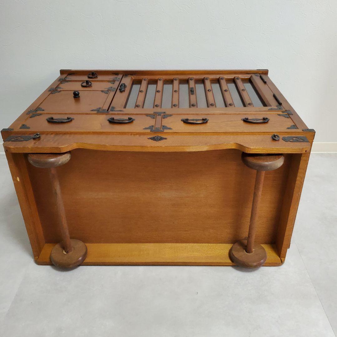 希少★欅 車箪笥 茶棚 茶箪笥 和箪笥 古家具 小引き出し ガラス扉 車輪