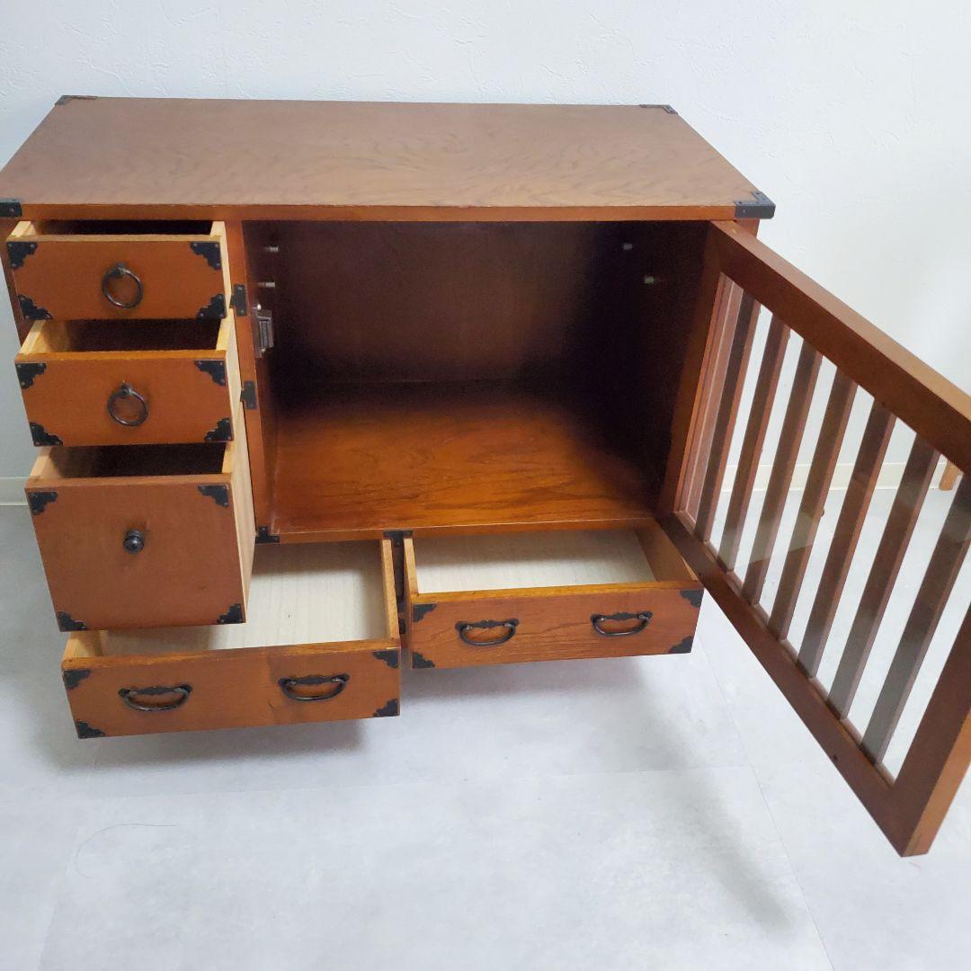 希少★欅 車箪笥 茶棚 茶箪笥 和箪笥 古家具 小引き出し ガラス扉 車輪