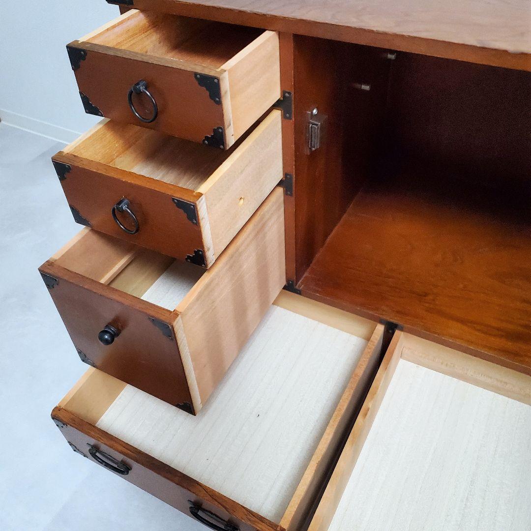 希少★欅 車箪笥 茶棚 茶箪笥 和箪笥 古家具 小引き出し ガラス扉 車輪