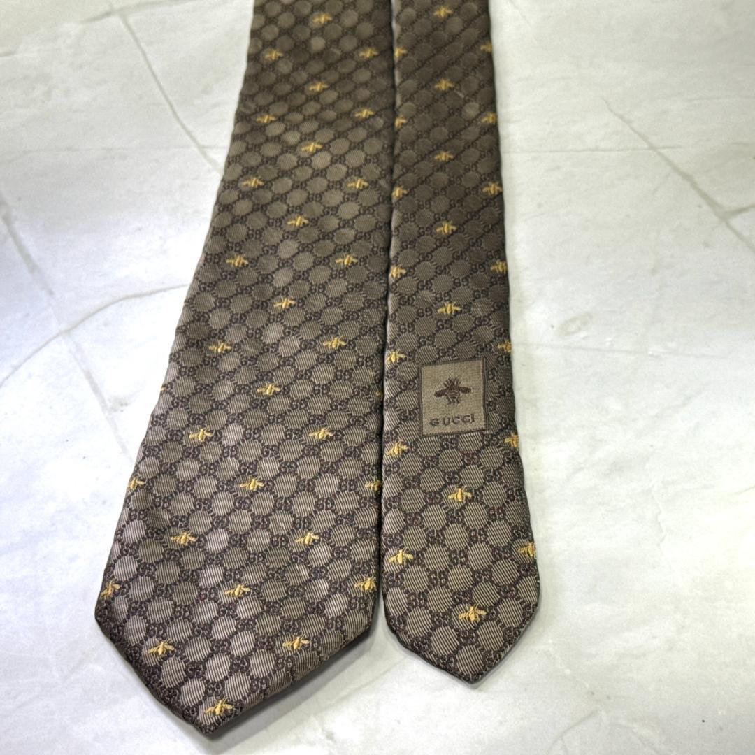 ☆即発 GUCCI 蜂 Bee GG柄 ネクタイ ブラウン シルク 伊製 美品