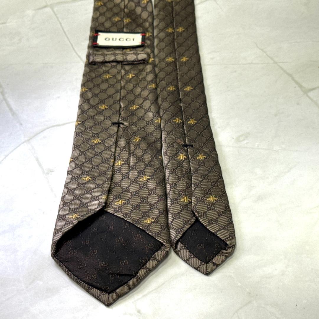 ☆即発 GUCCI 蜂 Bee GG柄 ネクタイ ブラウン シルク 伊製 美品