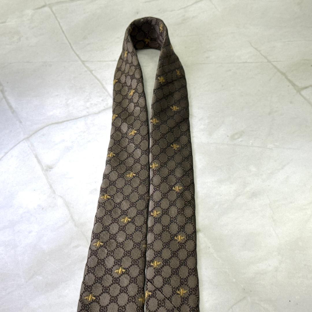 ☆即発 GUCCI 蜂 Bee GG柄 ネクタイ ブラウン シルク 伊製 美品